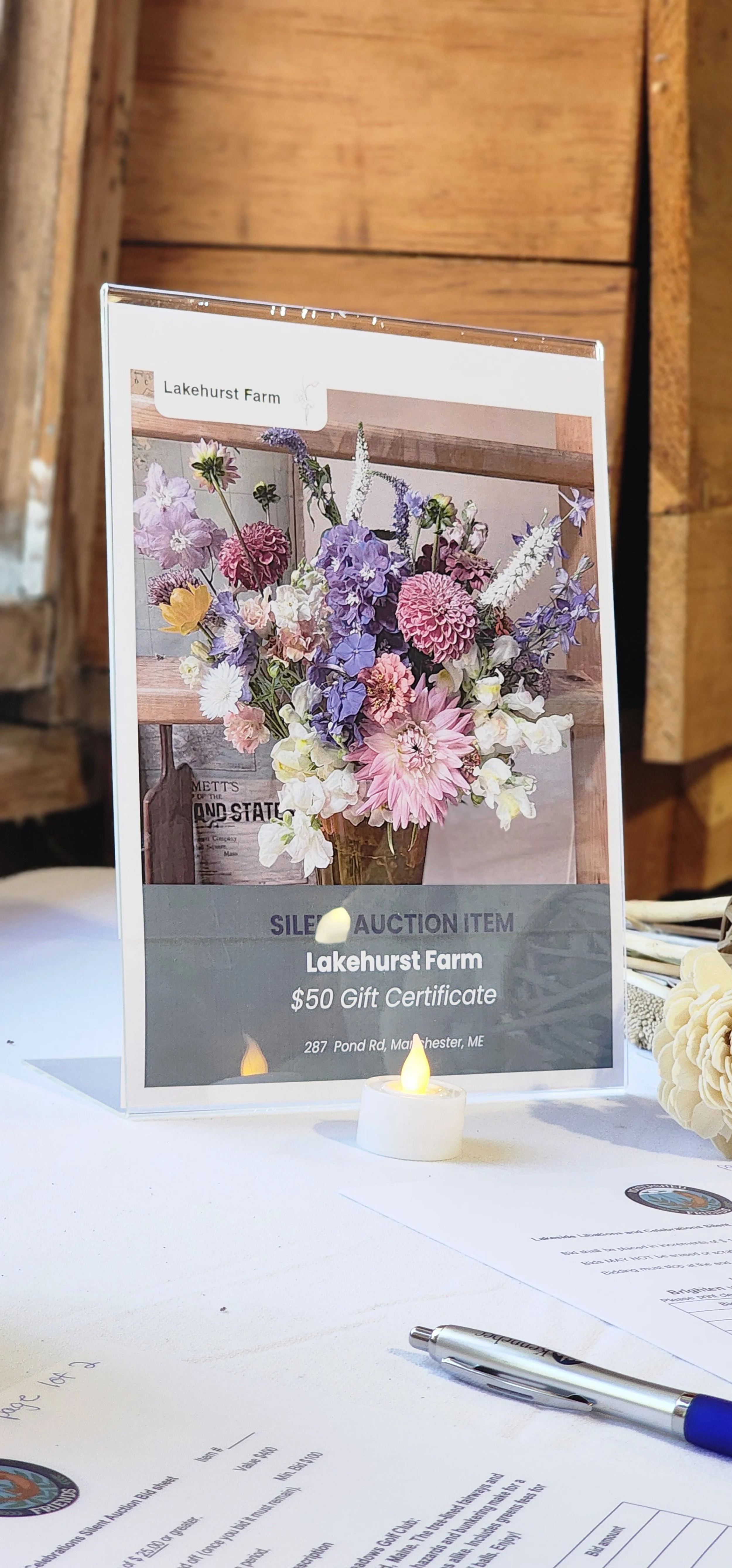 A silent auction item for a $50 Lakehurst Farm gift certificate