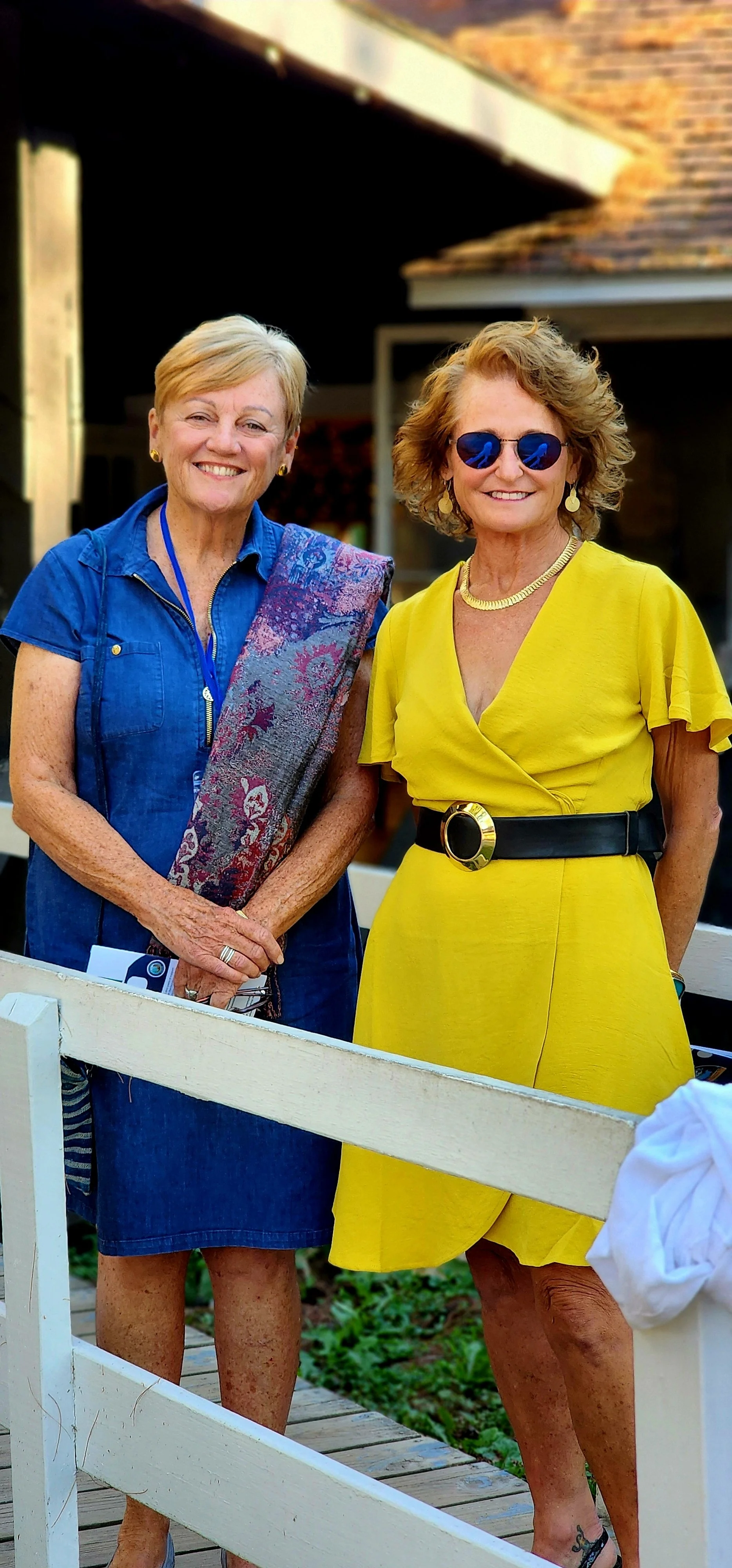 Two women, one wearing a blue dress the other wearing a yellow dress, standing behind a railing