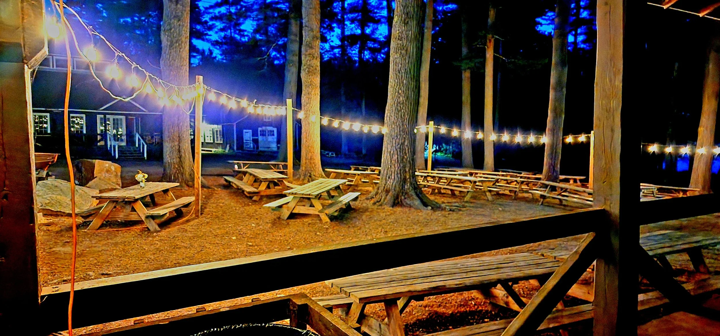 A shot looking over a porch railing at a clearing among trees with picnic tables and string lights strung between the trees
