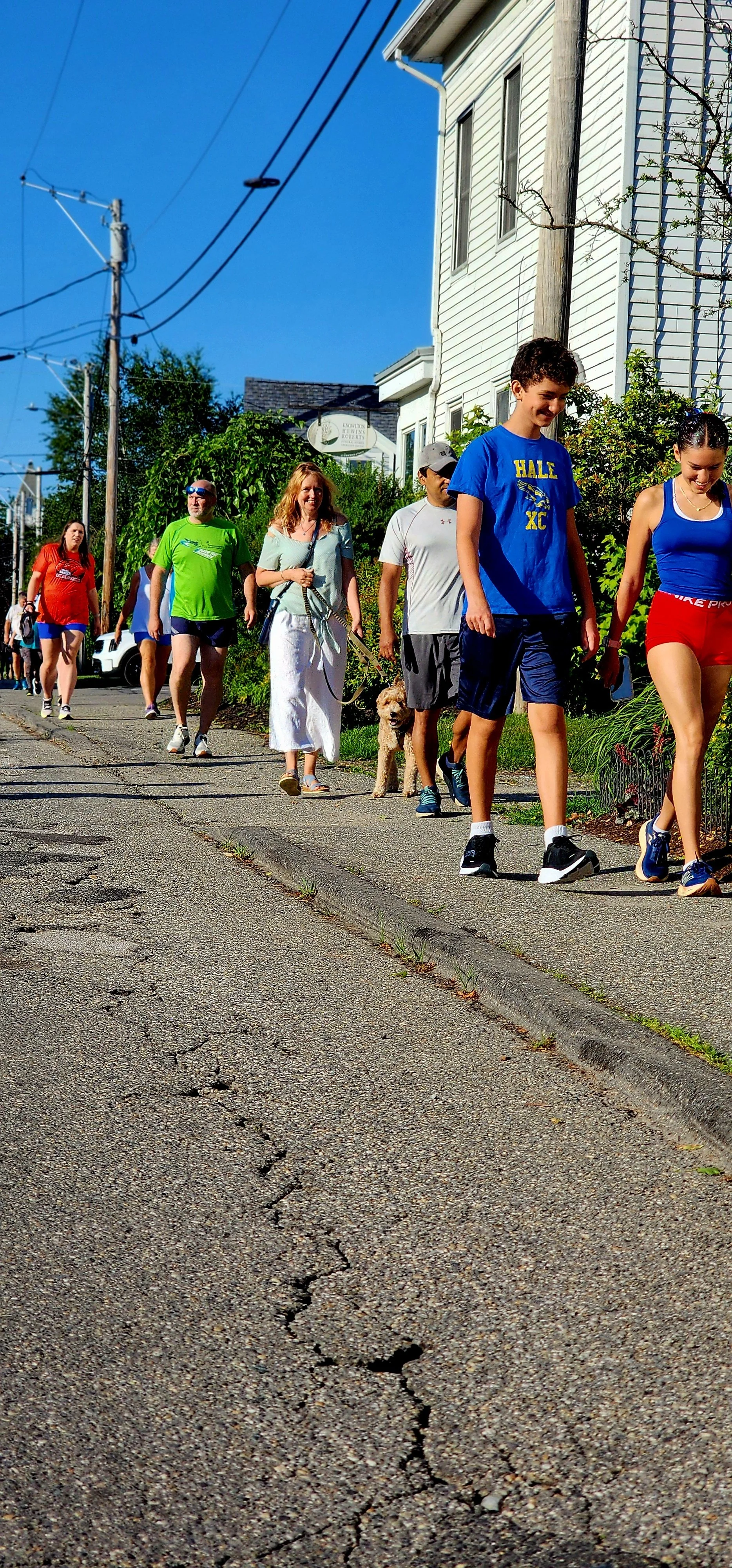 A crowd of people walking along a sidewalk 