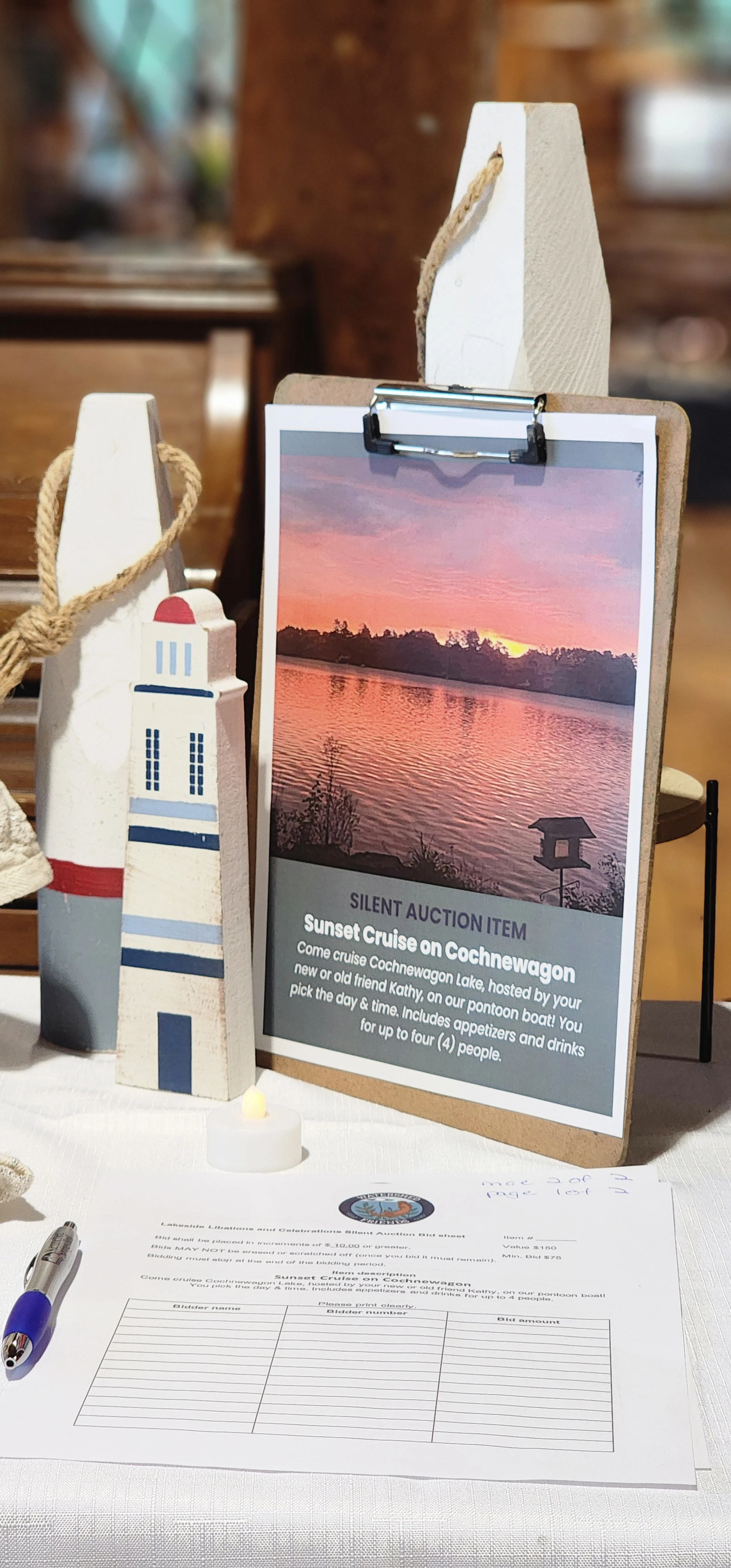 Image of a silent auction item for a sunset cruise on Cochnewagon Pond