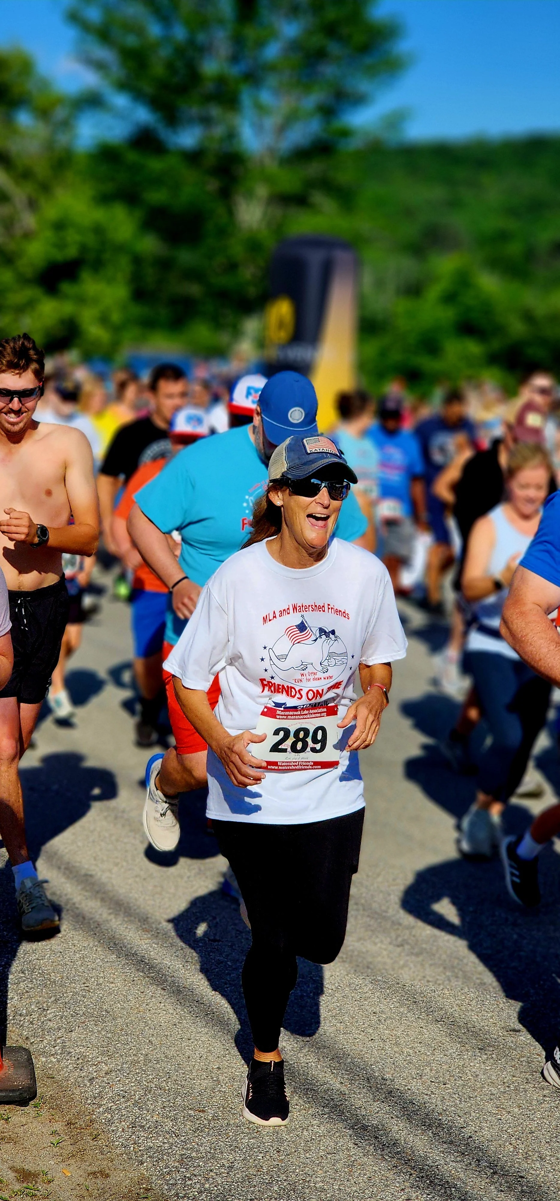 A crowd of people running