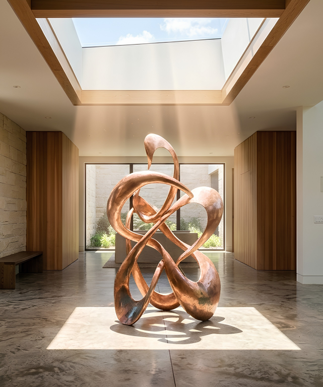 Copper EMF conductor and reflector sculpture for entryway, set under a large skylight.