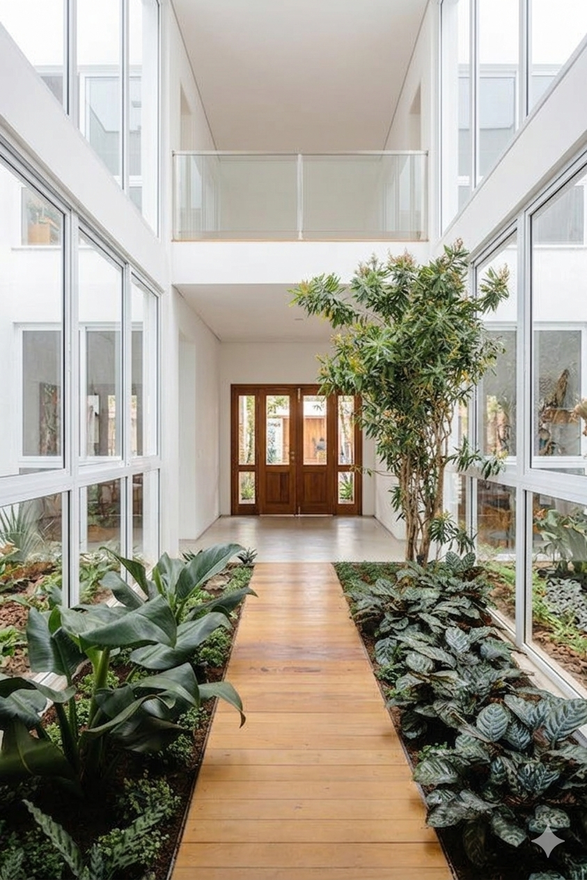 A stunning biophilic entryway design in Indian Hills KY, featuring a wood plank walkway, flanked by lush indoor gardens. Design by Health in Habitat