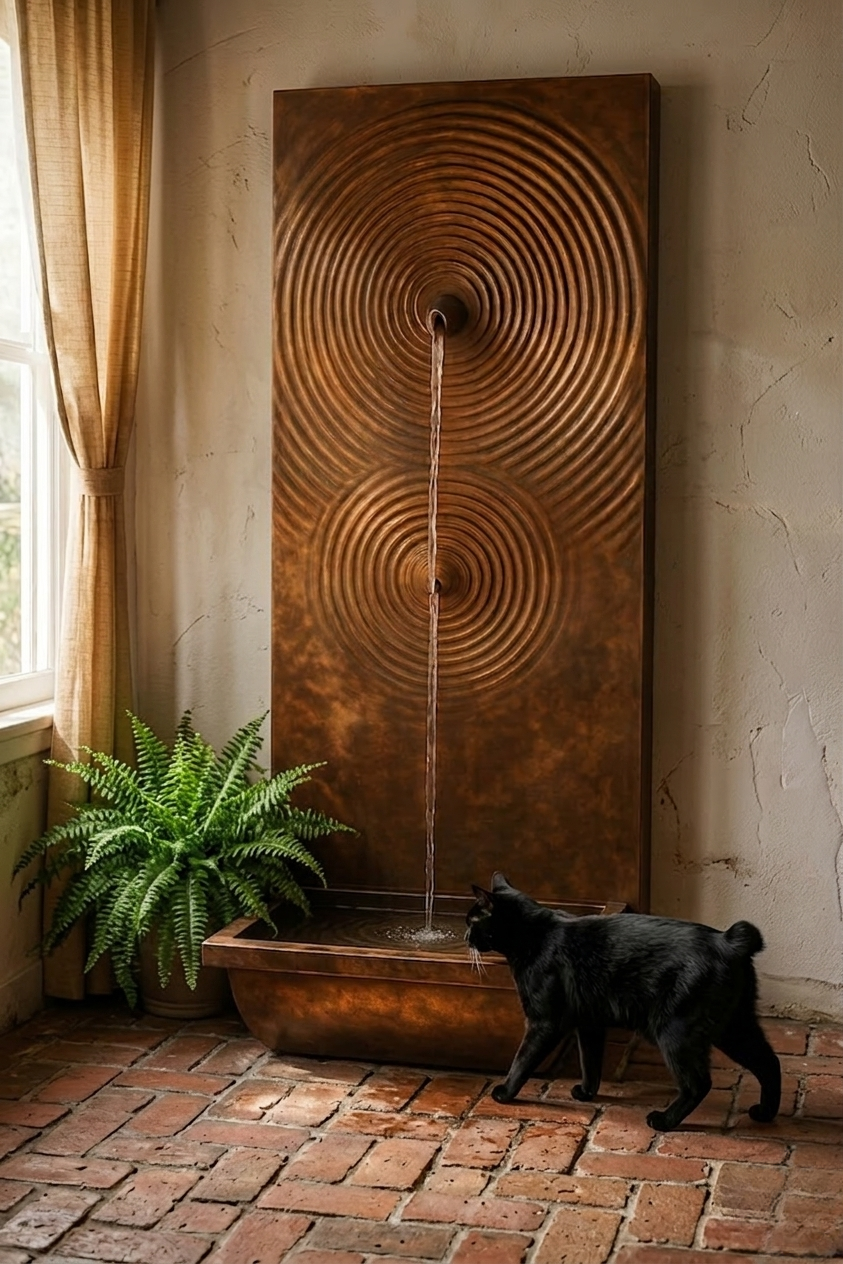 A custom residential wellness design in Indian Hills, KY, featuring a tall copper wall mounted water fountain that can also function as a negative ion generator, functional EMF shielding, and as a pet watering system that is antimicrobial..