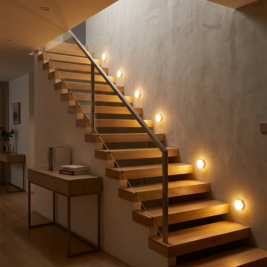 A series of 6 glowing, warm toned, hexagonal and motion activated, circadian light installation floating on the adjacent wall to the floating wood staircase. Guiding the path with healthy light.