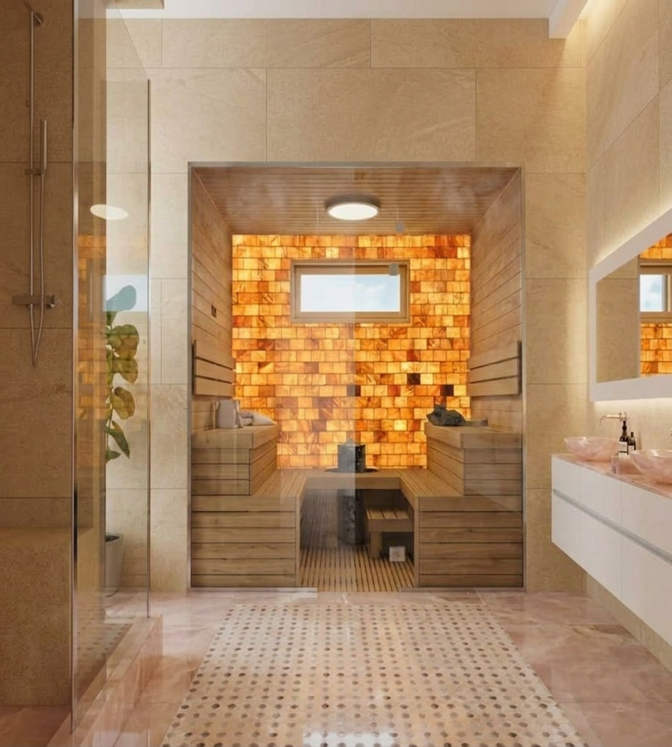 A custom high-end bathroom design, demonstrating an integrated home halotherapy installation. The space features a brilliant backlit salt brick wall inside an infrared sauna, set within a luxurious bathroom with rose quartz floors.