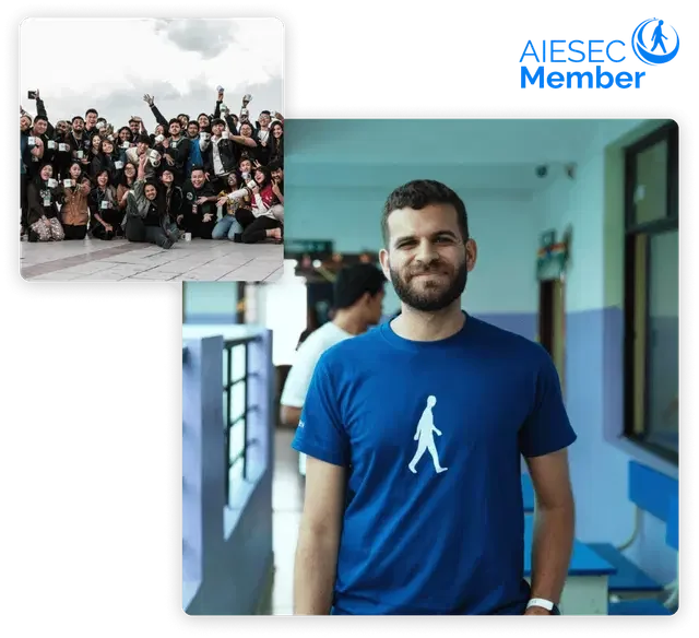 Grupo de personas en una celebración y un joven sonriendo en un ambiente escolar o institucional.