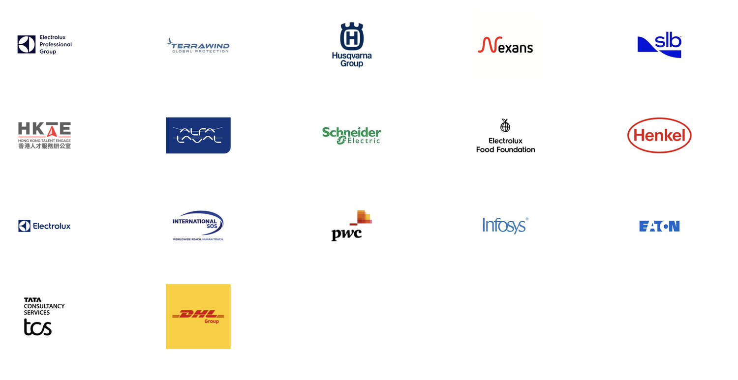 Logos de varias empresas en una presentación, incluyendo Electrolux, Terawind, Husqvarna, Nexans, SLB, HKLE, Alfa Laval, Schneider Electric, Electrolux Food Foundation, Henkel, Electrolux, International SOS, PwC, Infosys, Eaton y DHL.