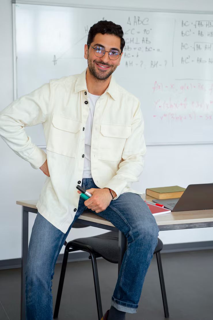 Profesor sonriendo en aula con pizarra con notas matemáticas.