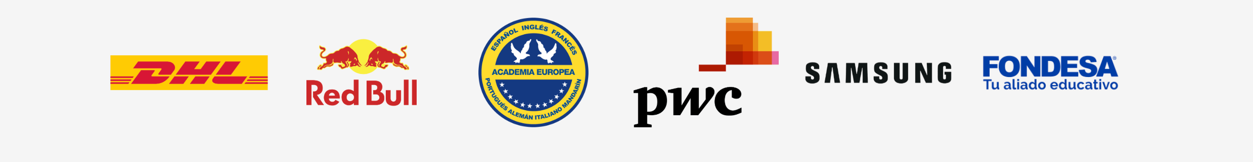 Logos de varias empresas y organizaciones incluyendo DHL, Red Bull, Academia Europeia, PwC, Samsung y Fondesa.