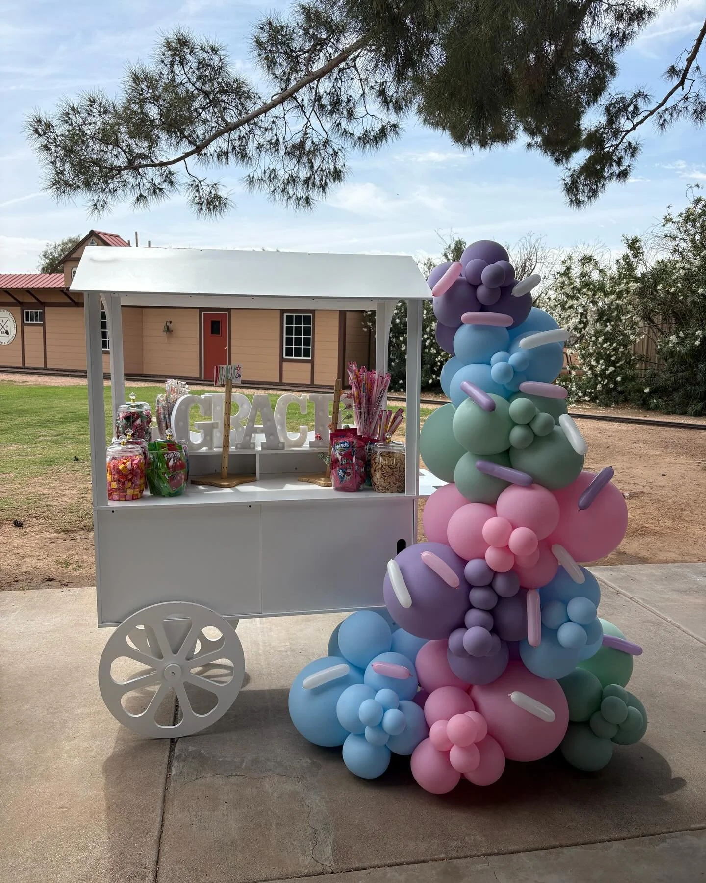 She&rsquo;s SIX and she&rsquo;s SWEET 🍭✨ 

From the treat cart to the bounce house, every detail was designed to match. Custom balloon garlands in cotton candy pastels with sprinkles. 

Phoenix &amp; Scottsdale families, this is what we do. Book you