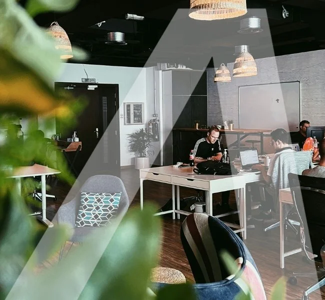 People working on laptops in a modern, well-lit office space with hanging pendant lights and indoor plants.