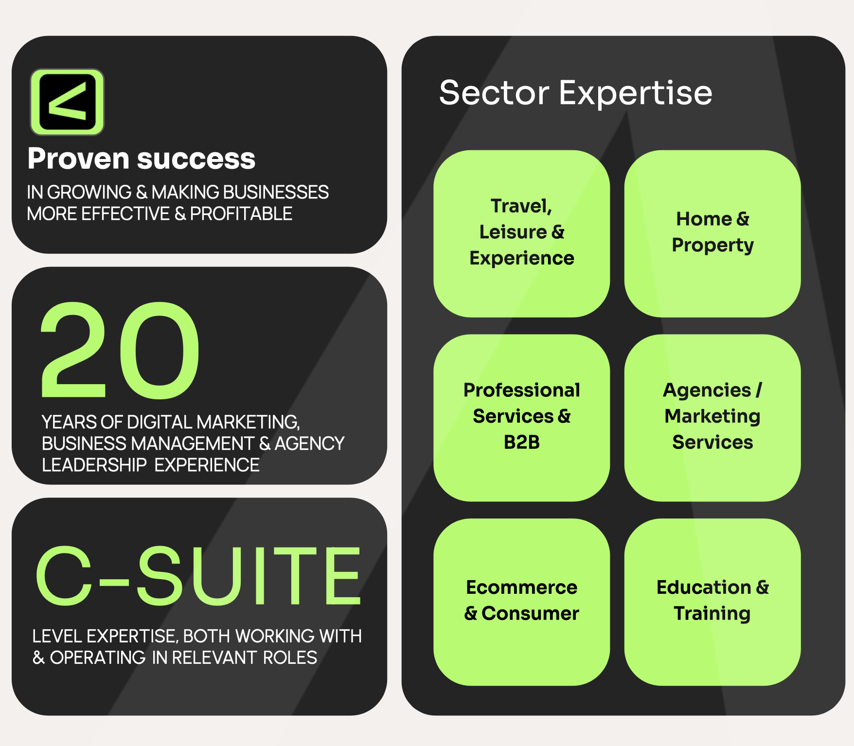 An infographic highlighting a company's expertise and experience. It features a logo, punctual success stats, 20 years of digital marketing and agency leadership, and level expertise in relevant roles. The infographic also lists sector expertise areas: Travel, Leisure & Experience; Home & Property; Professional Services & B2B; Agencies / Marketing Services; Ecommerce & Consumer; Education & Training.