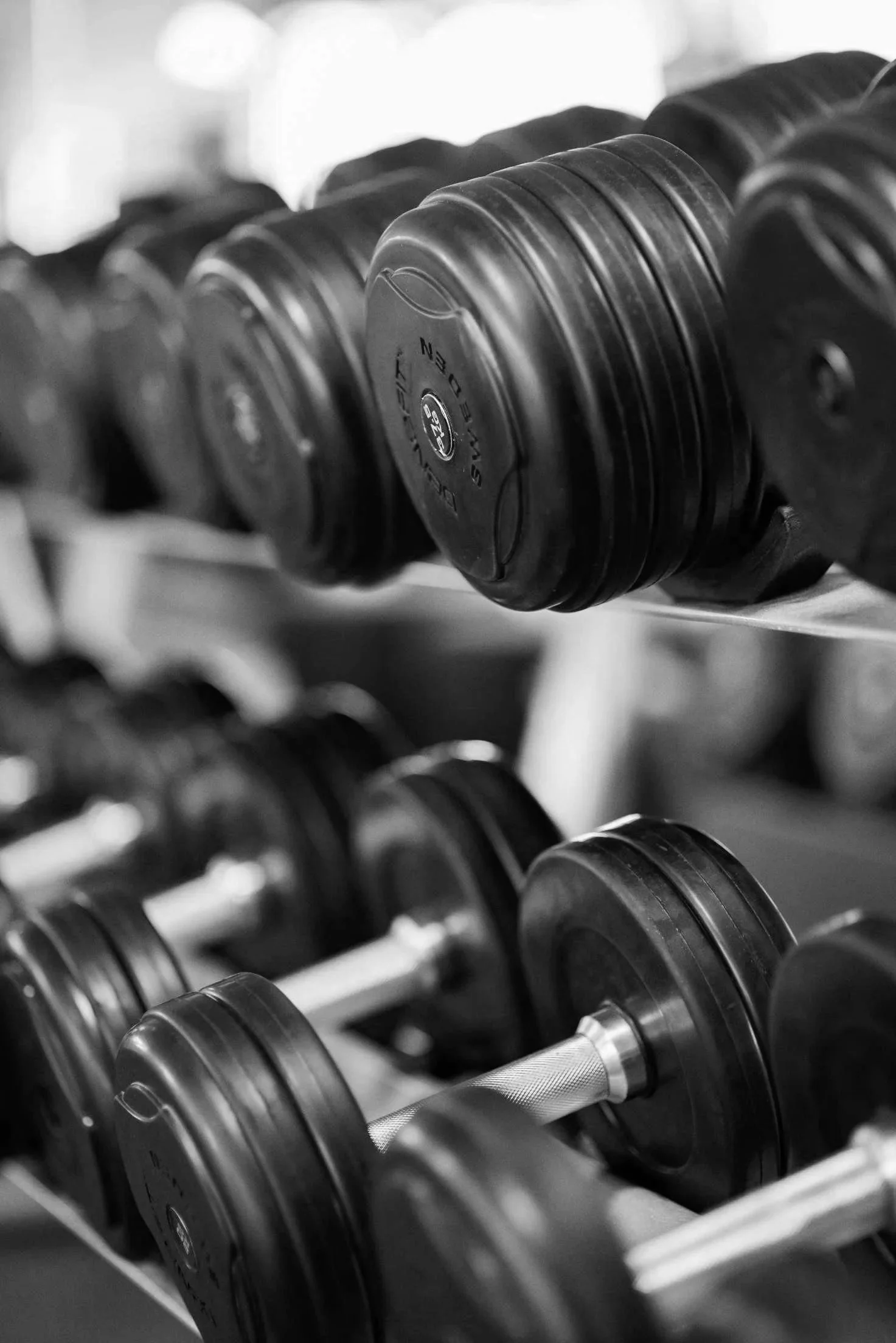 Black and white image of a rack of dumbbells in a gym, with metal handles and round weight plates.