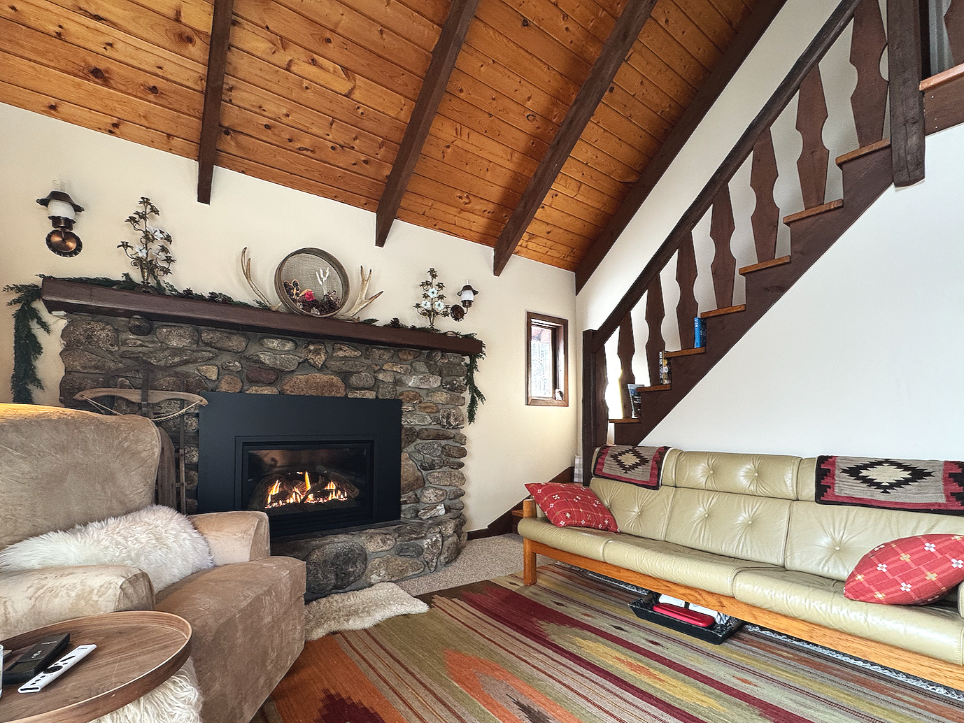 A gas fireplace with remote control to keep the chill away. 