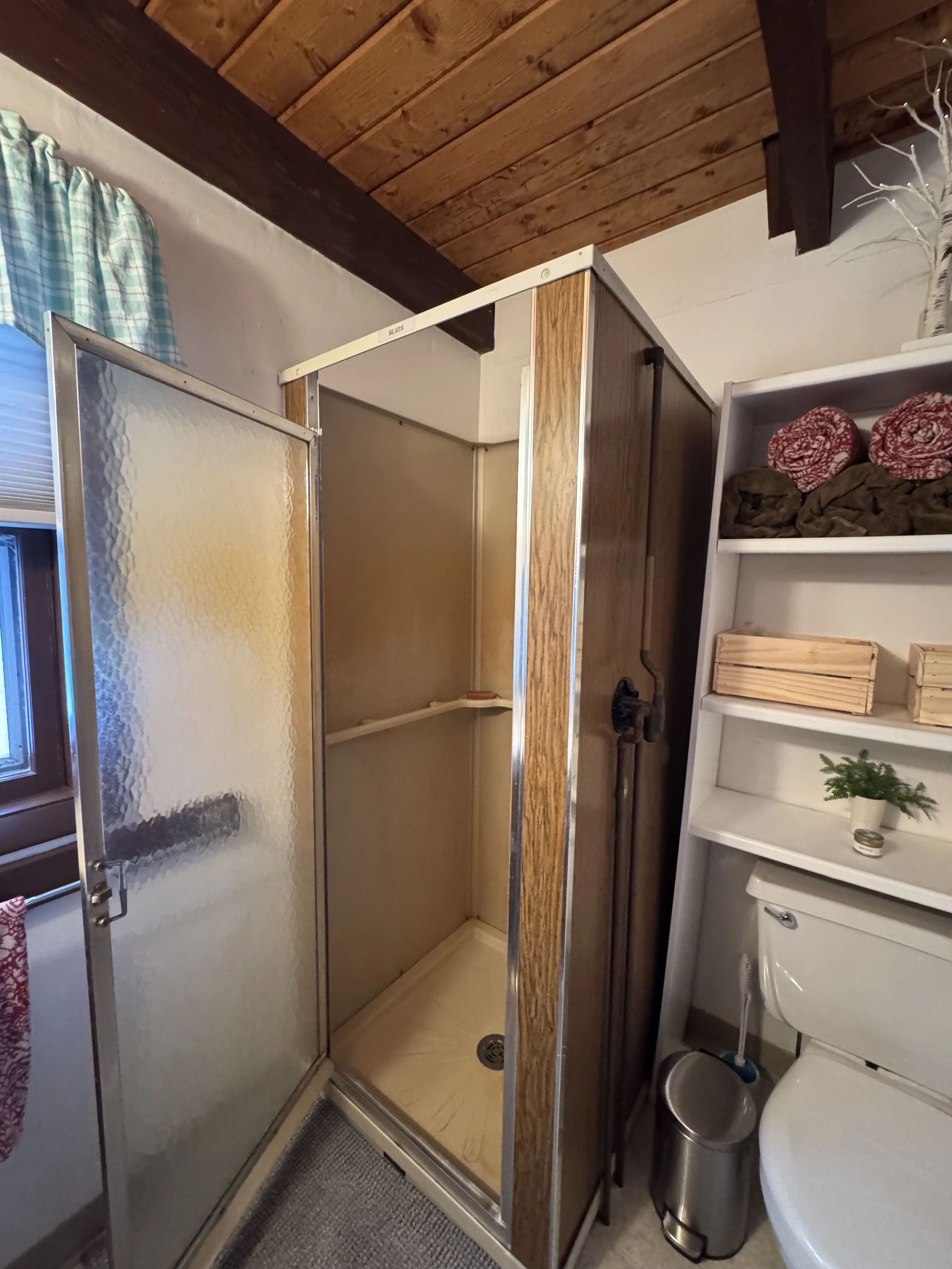 Bathroom with RETRO Sears shower 😆