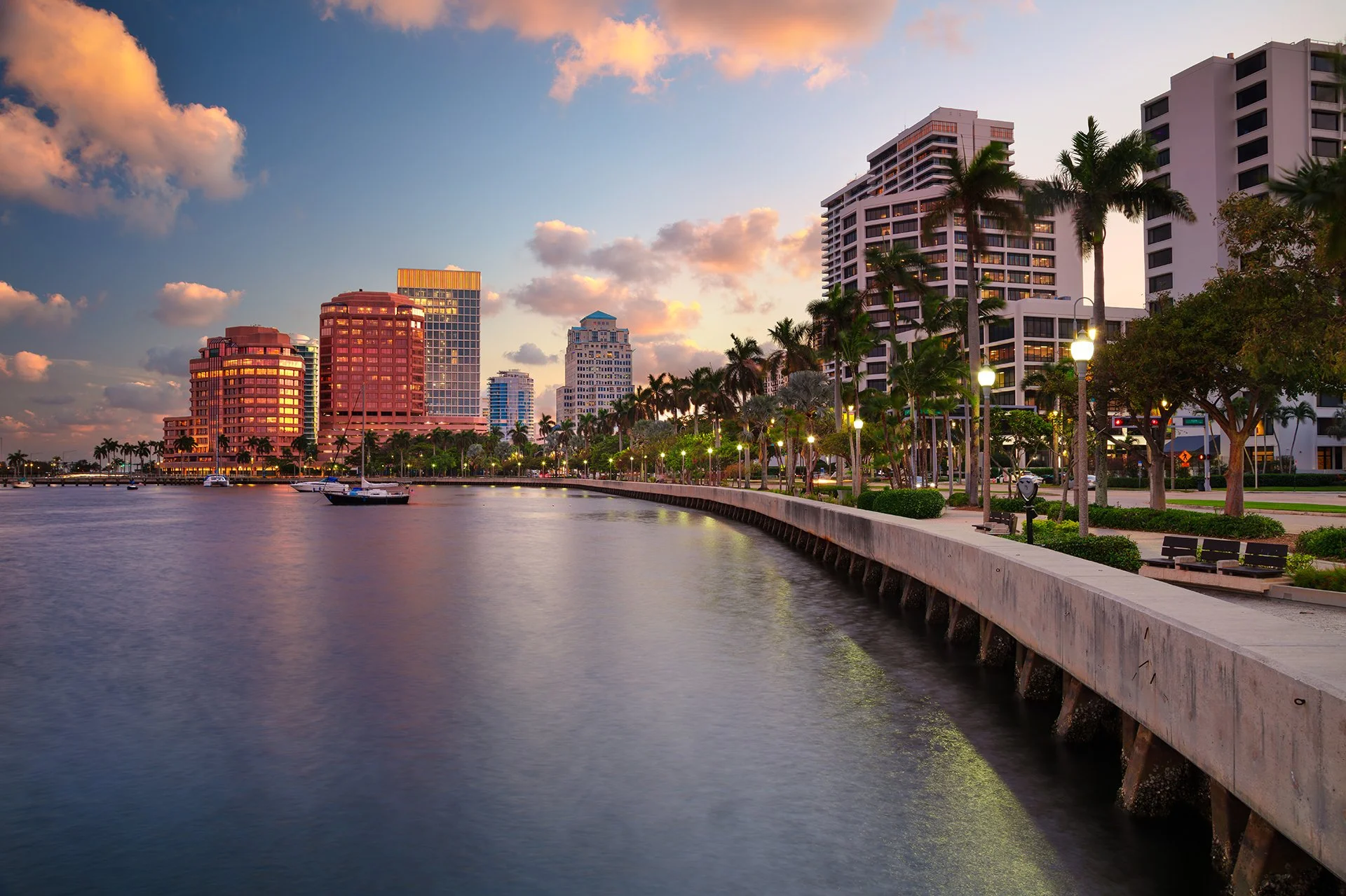 West Palm Beach waterfront at dusk.