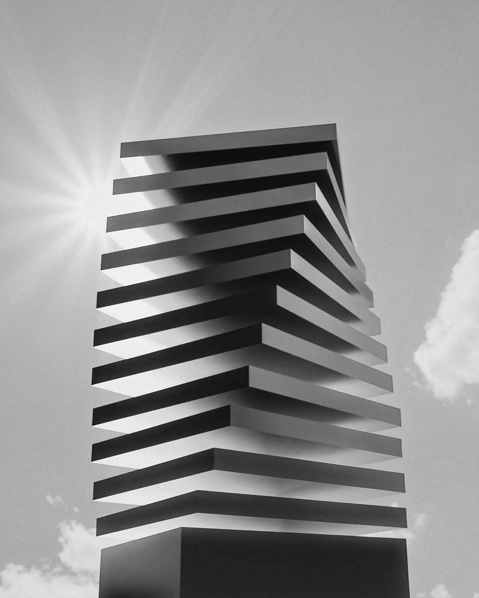 Black and white photo of a modern building with stacked, cantilevered floors and the sun behind it.