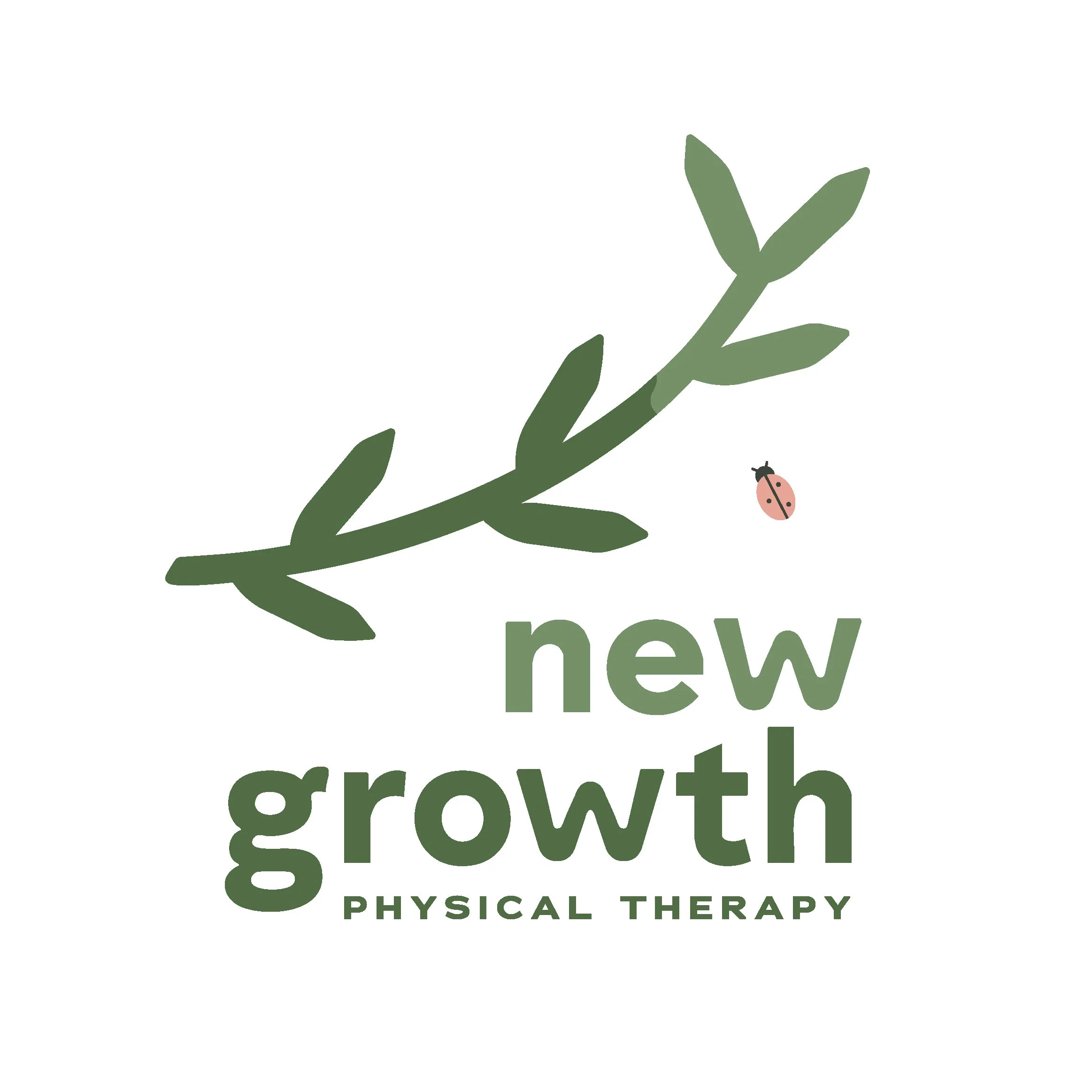 The New Growth Physical Therapy logo, which is a dark green plant sprig with a lighter green tip. A small pink ladybug is next to the sprig, and the words New Growth Physical Therapy in an organic, quirky font are below the sprig.