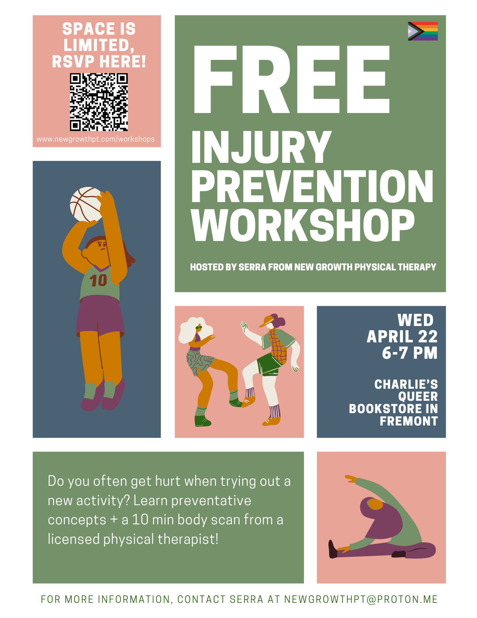 Flier for a free injury prevention workshop at Charlie's Queer Books on April 22 at 6pm.