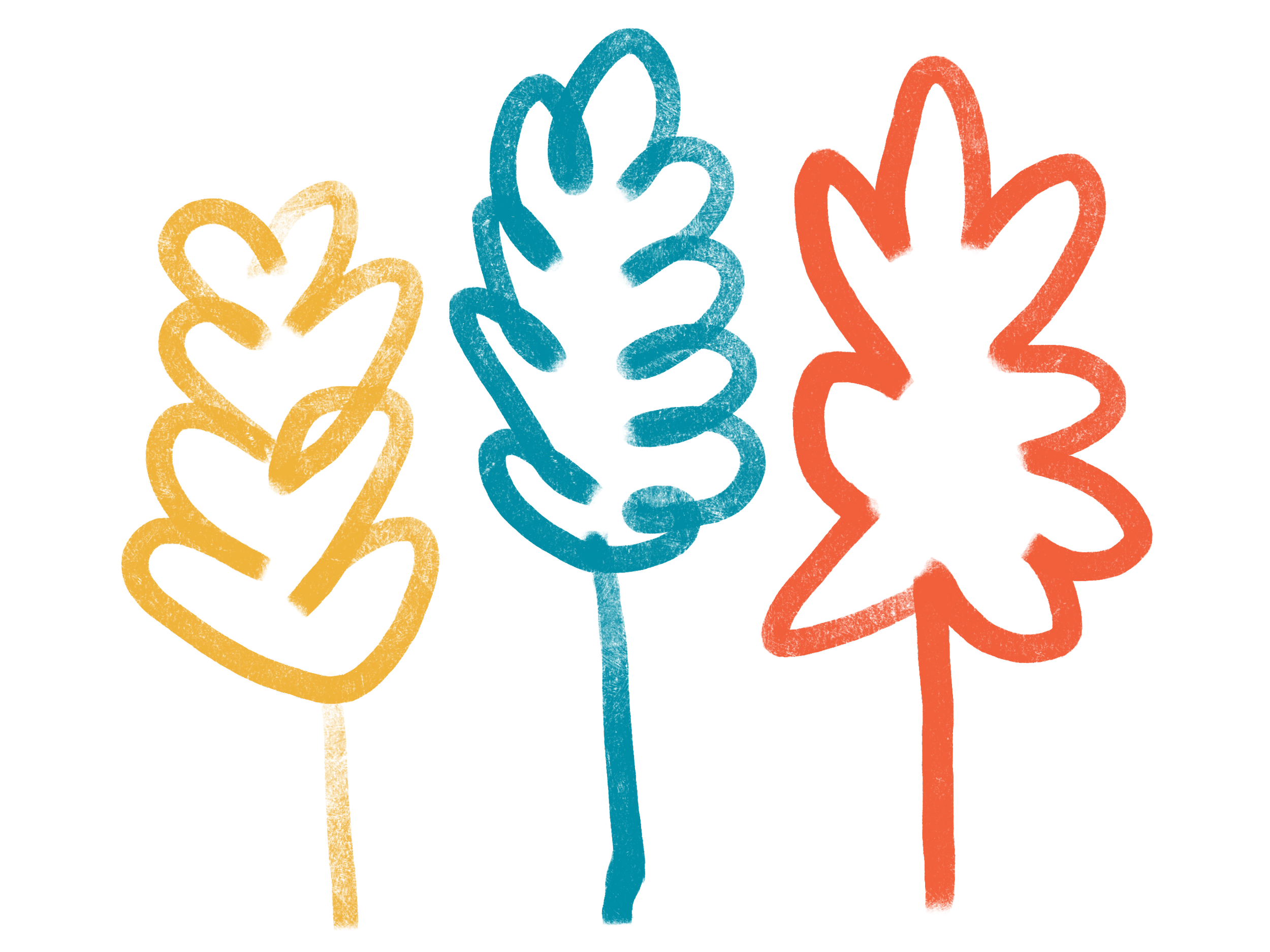 A colorful abstract drawing of three person figures with heart-shaped heads made of yellow, blue, and orange lines.