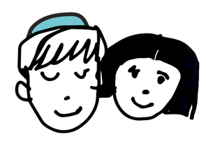 A cartoon illustration of a person with medium-length hair and a hat, and a smiling face next to them.