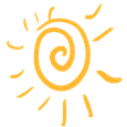 Stylized yellow spiral sun with rays on a plain background