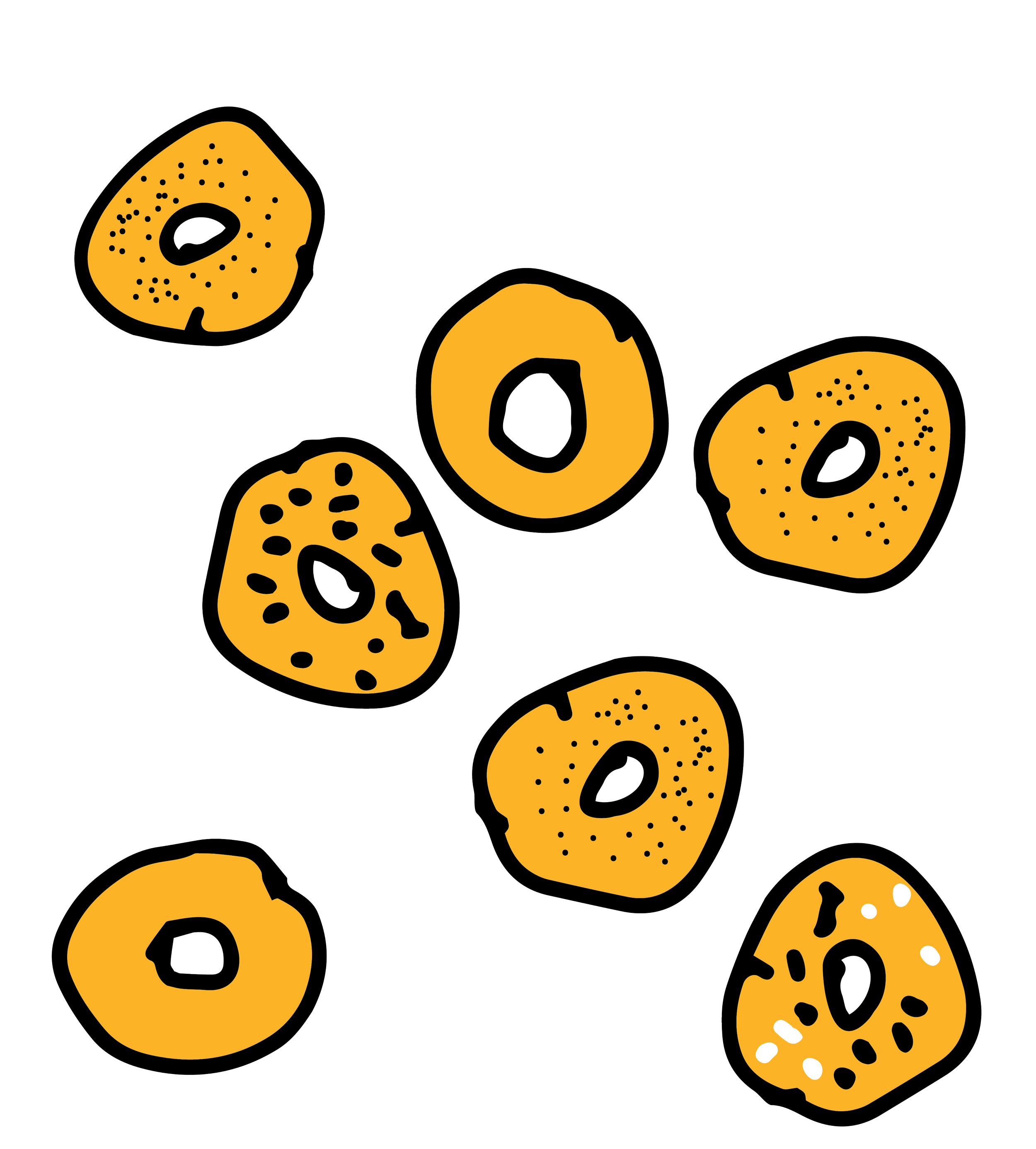 Illustration of multiple bagels on a black background.