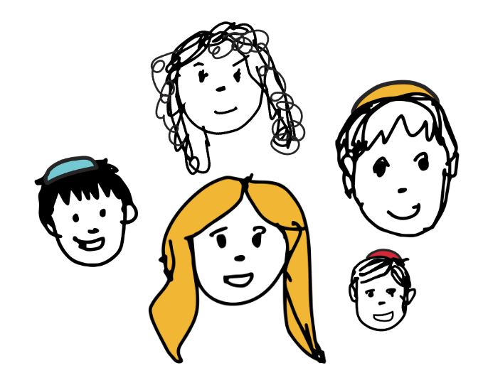 Drawing of five smiling children with different hairstyles and accessories, set against a black background.