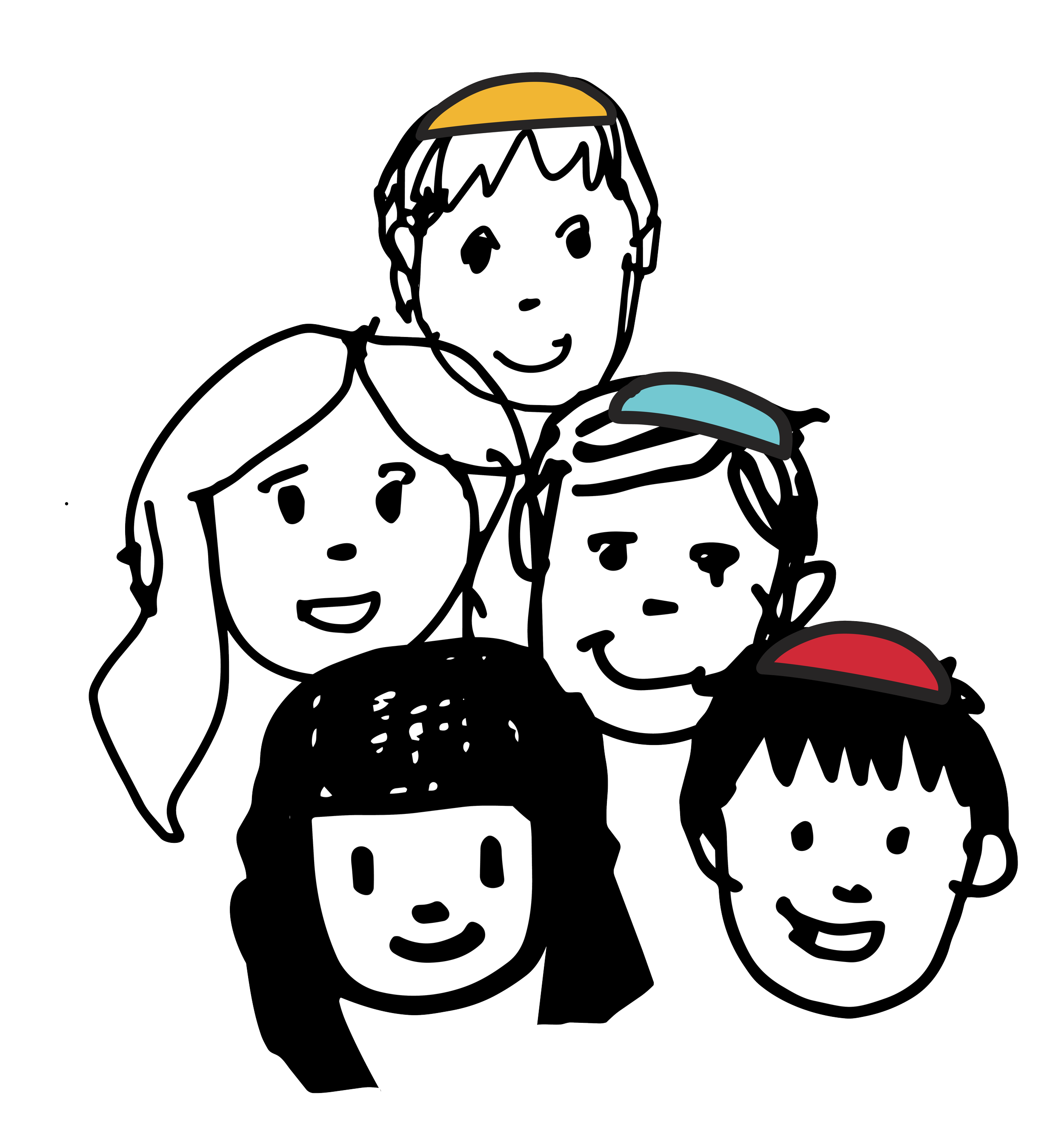Drawing of a group of children with various facial expressions and hairstyles, with some wearing hats, set against a black background.