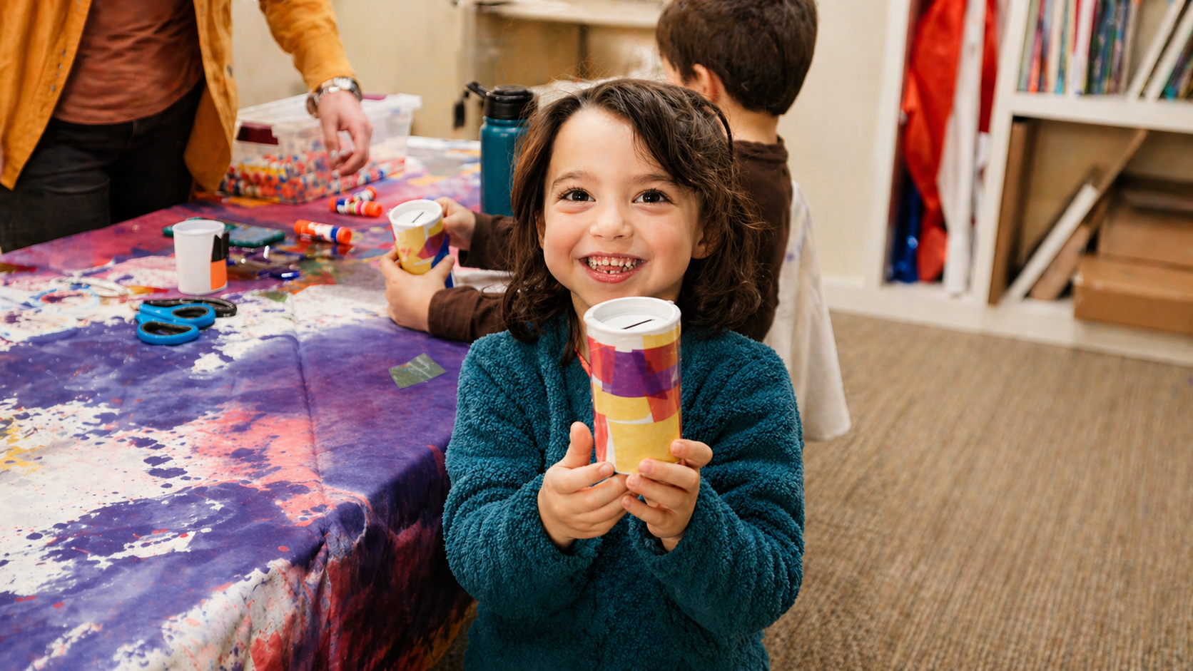 A young girl with curly brown hair and a teal fleece jacket smiling and holding a colorful recycled coffee cup at a craft table with other children and adults, engaging in arts and crafts activities.