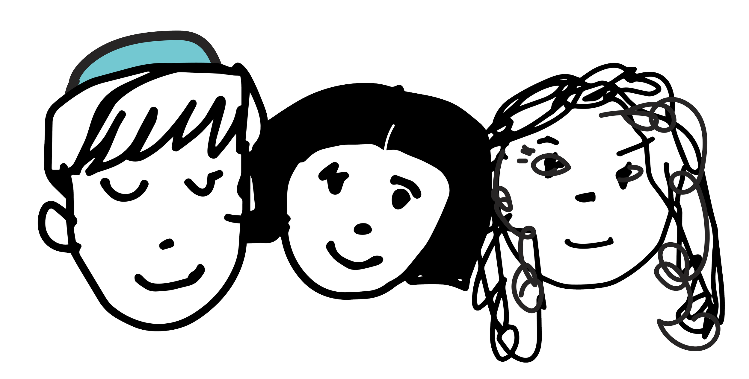 Line drawing of three children's faces with different hairstyles, smiling and with happy expressions.