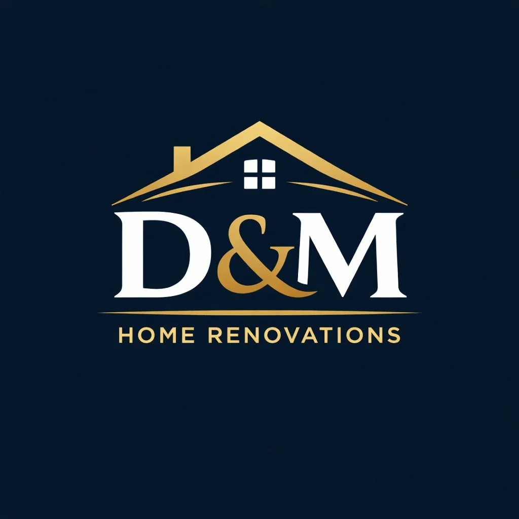 Logo for D&M Home Renovations featuring a stylized house roof in gold with a window, above the company initials in white and gold, and the company name in gold below.