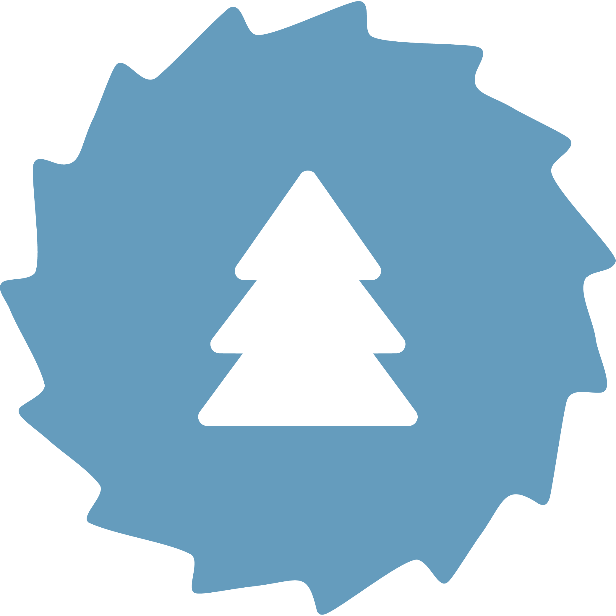 A circular saw blade with a blue body and a black silhouette of a Christmas tree in the center.