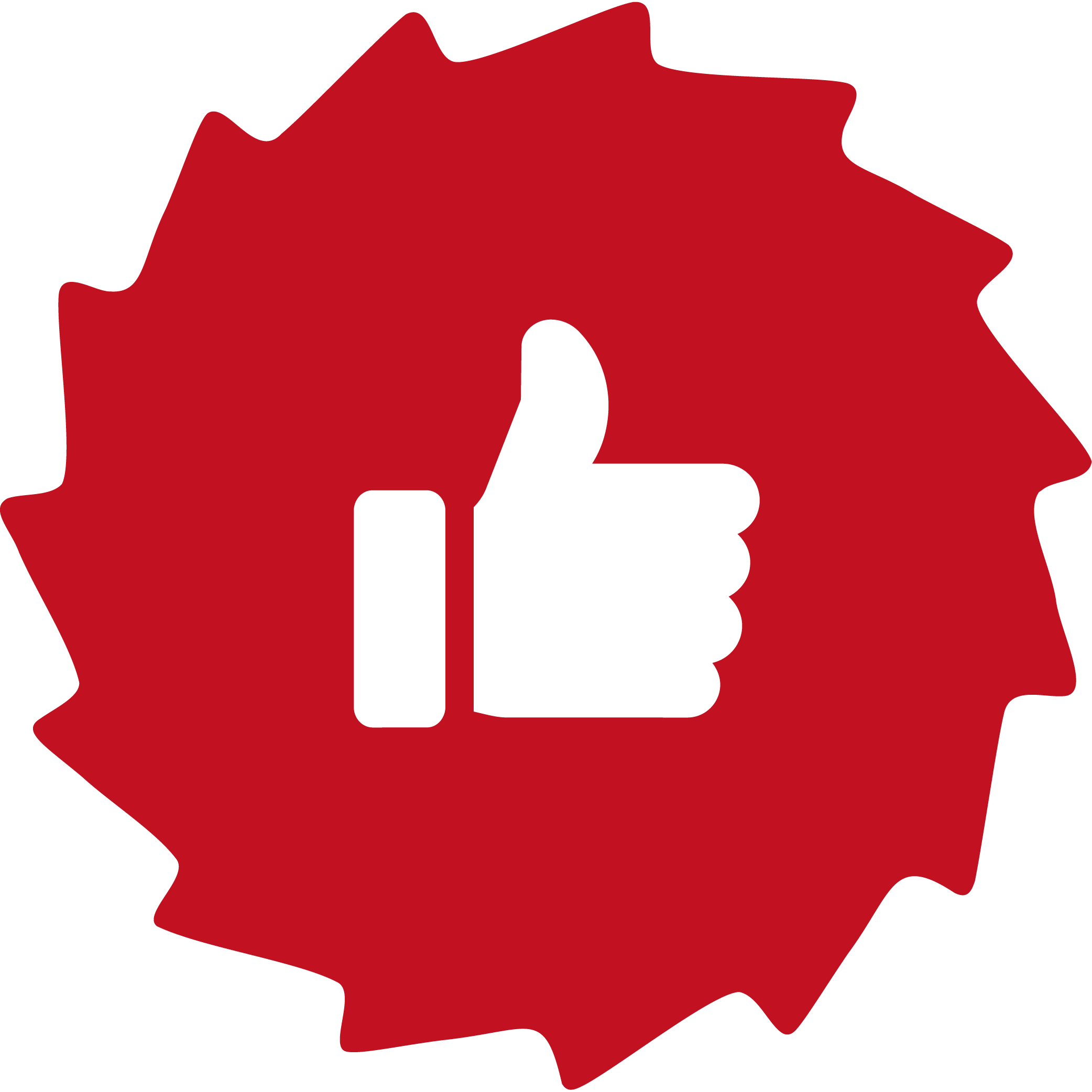Black thumbs-up icon in the center of a red starburst shape.