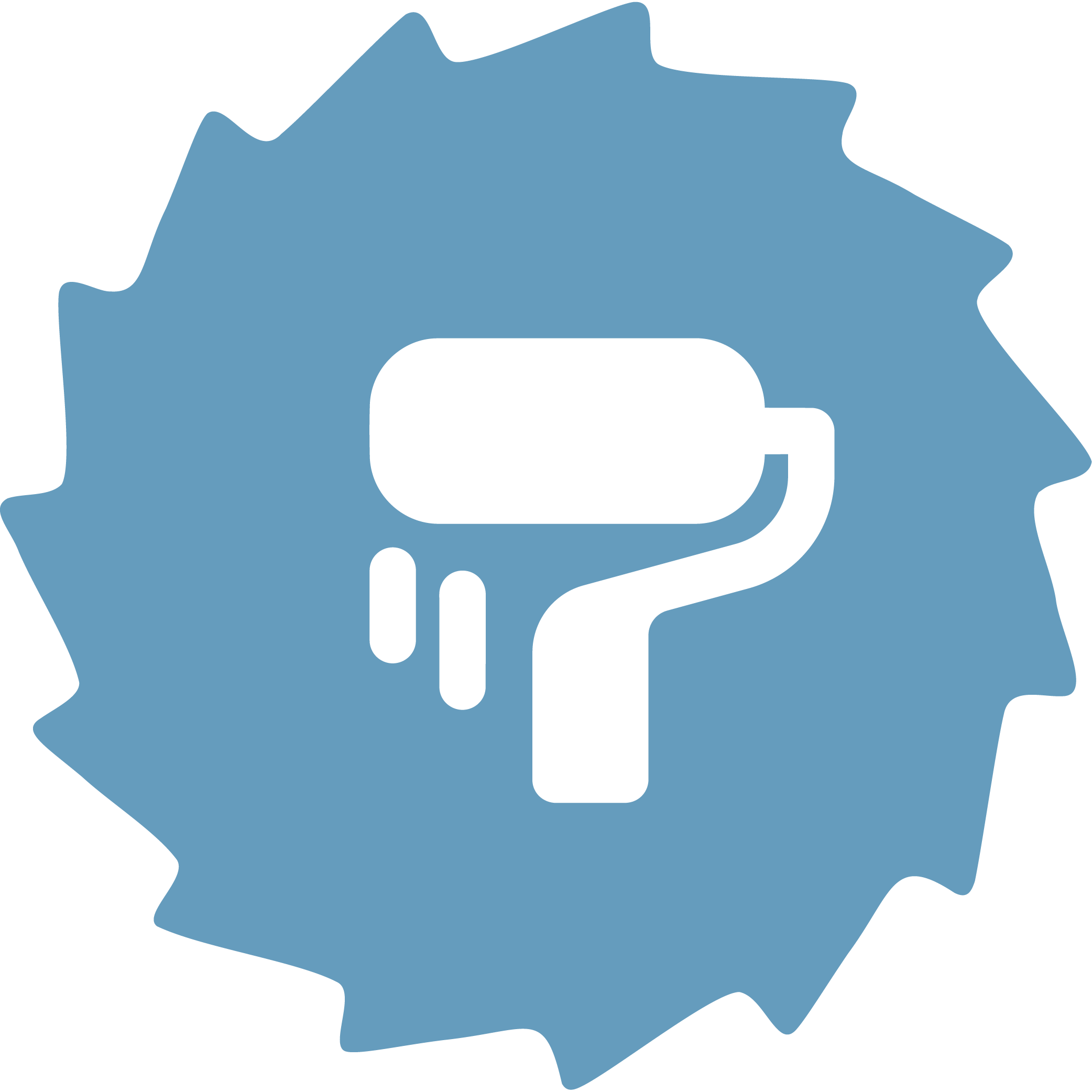 A blue circular saw blade with a paint roller icon in the center, with paint dripping down from the roller.