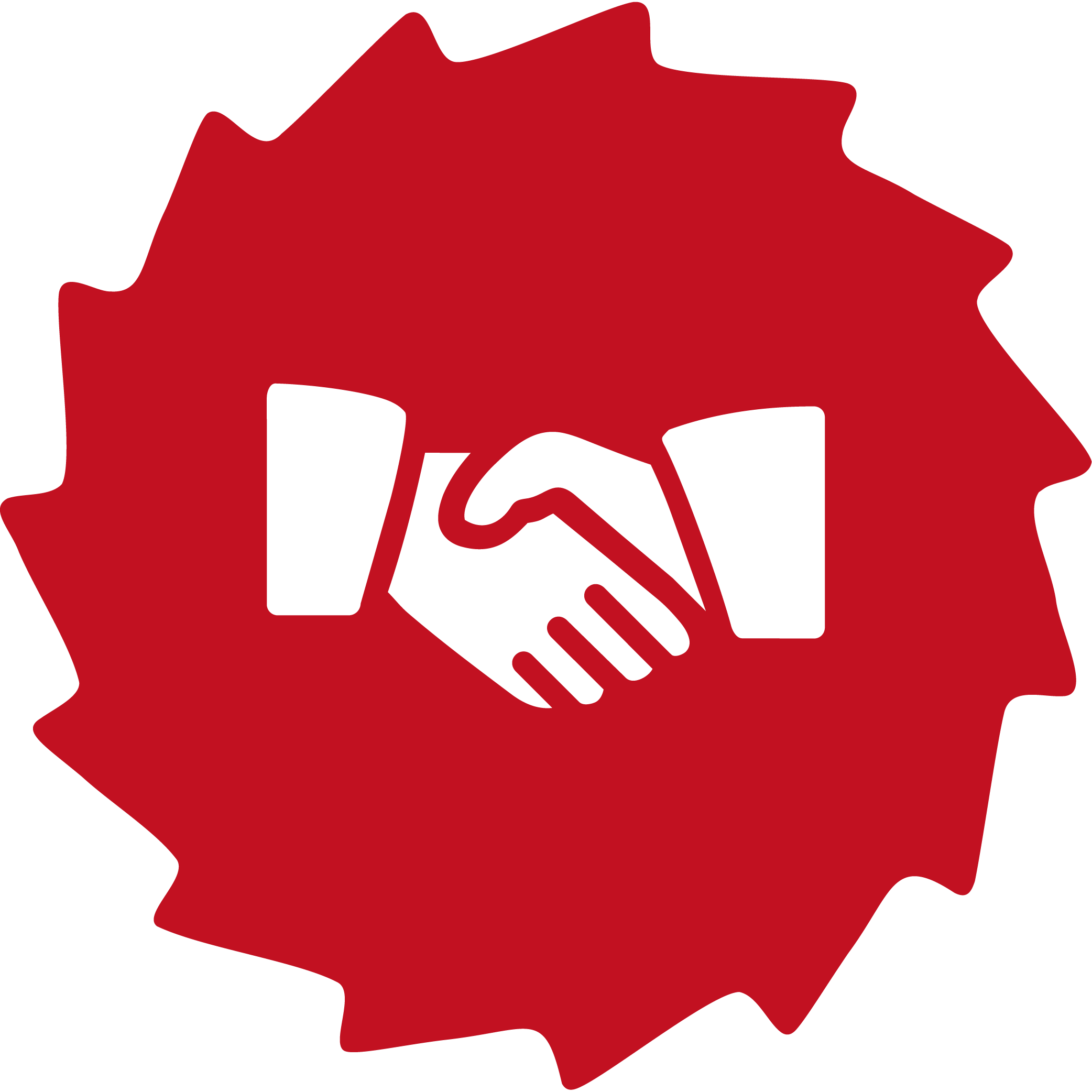 Red gear icon with black and white handshake inside