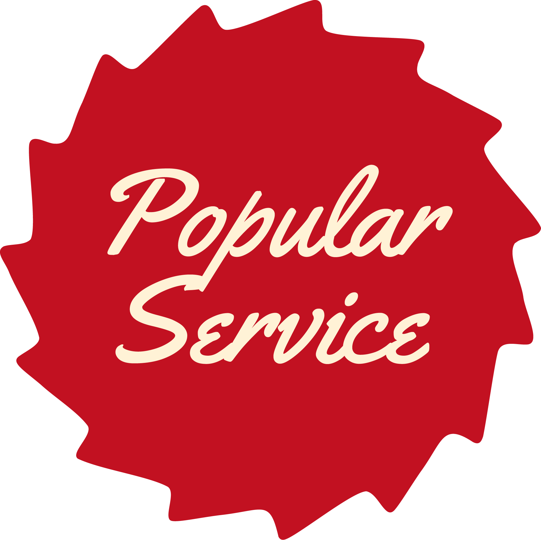 Red badge with white cursive text saying 'Popular Service'