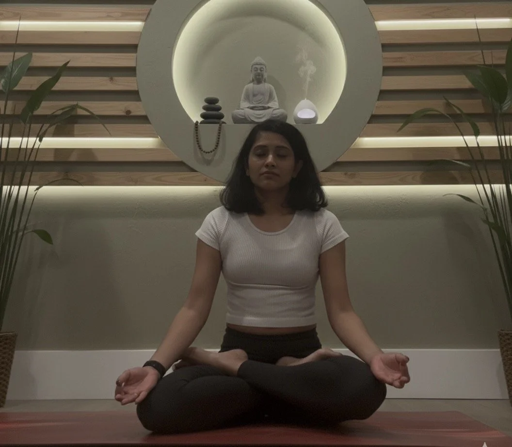 A woman practicing meditation in a yoga pose with crossed legs and closed eyes, sitting on a mat in a serene indoor setting with Zen decor, plants, and Buddha statue in a circular niche behind her.