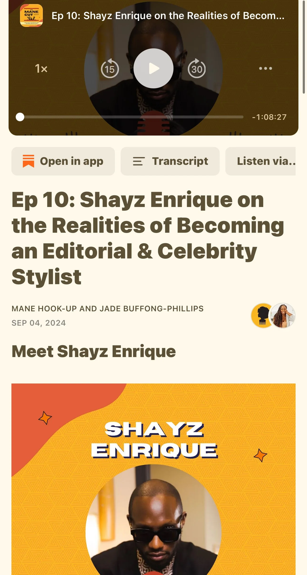 Image featuring a promotional cover for a podcast episode titled 'Ep 10: Shayz Enrique on the Realities of Becoming an Editorial & Celebrity Stylist.' The cover highlights Shayz Enrique—an individual with dark skin, wearing sunglasses and a black outfit—posing with a serious expression. The background is orange with yellow geometric patterns, and the episode details are displayed at the top.