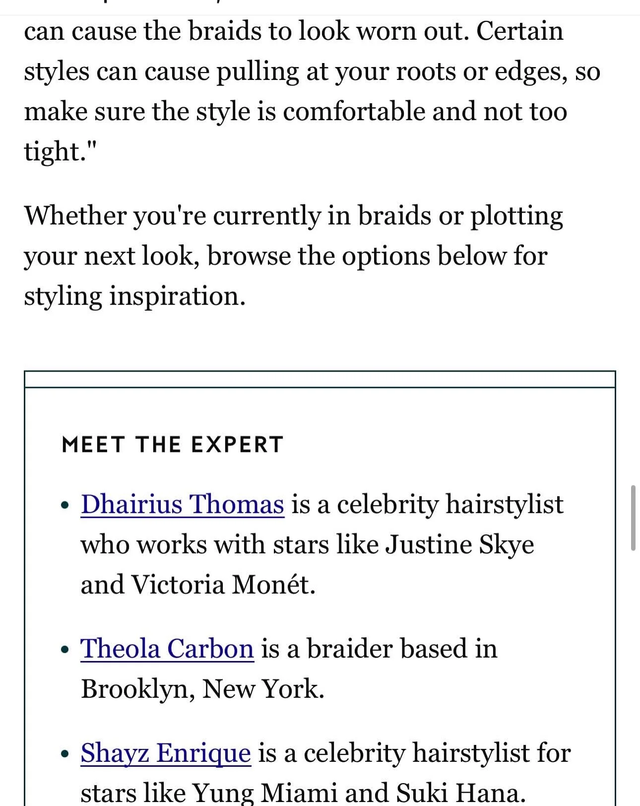 Page of text discussing hair styling, including a section titled 'Meet the Expert' with names and brief descriptions of celebrity hairstylists.