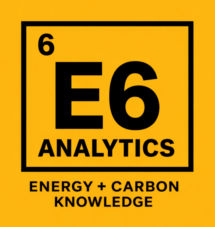 Yellow background with black text and border, resembling a periodic table element. It reads 'E6 ANALYTICS' with a small '6' above the 'E'. Below, it says 'ENERGY + CARBON KNOWLEDGE'.