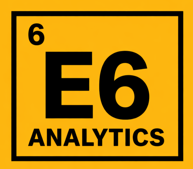 Yellow square with black border, displaying the elements '6', 'E6', and 'ANALYTICS' in black text.