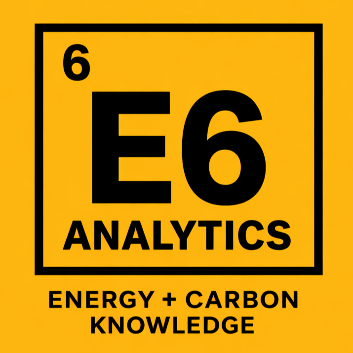 Yellow background with a black bordered square containing a large 'E6' with a smaller '6' in the top left corner, and the word 'ANALYTICS' underneath. Below, text reads 'ENERGY + CARBON KNOWLEDGE'.