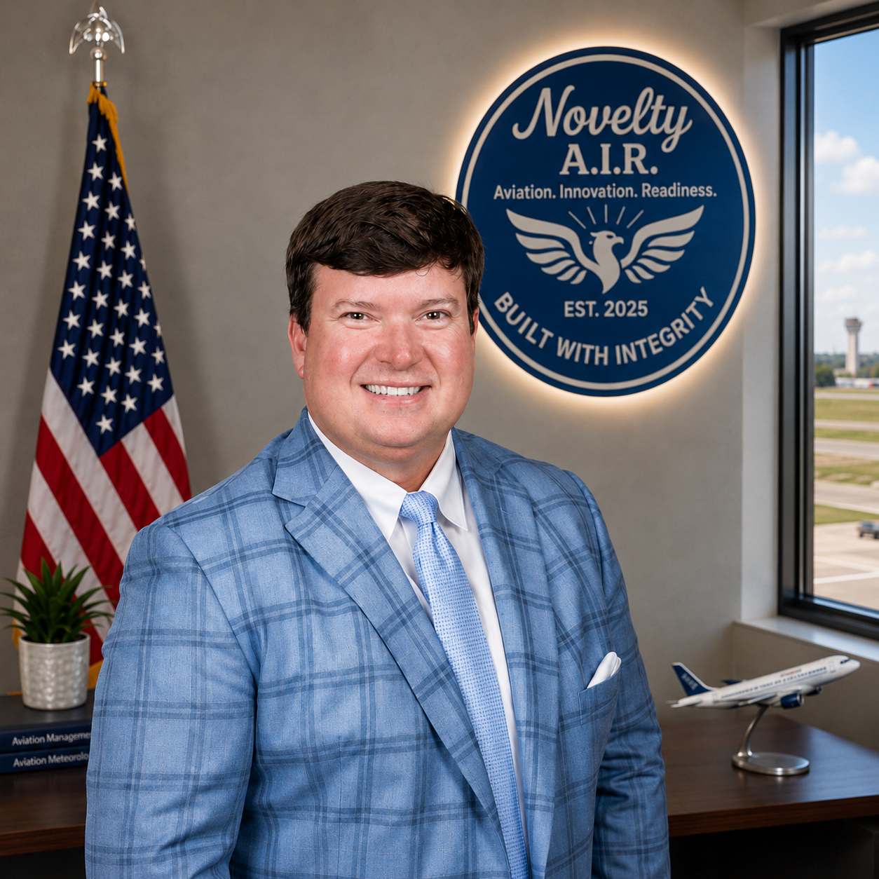 A man, Peter Lane, Founder & CEO, in a blue plaid suit and light blue tie smiling in an office with an American flag, a model airplane, and a sign that reads 'Novelty A.I.R. Aviation. Innovation. Readiness. EST. 2025 Built with Integrity'.