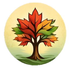 A tree with multicolored leaves, including red, orange, yellow, and green, on a grassy landscape with a light yellow background.