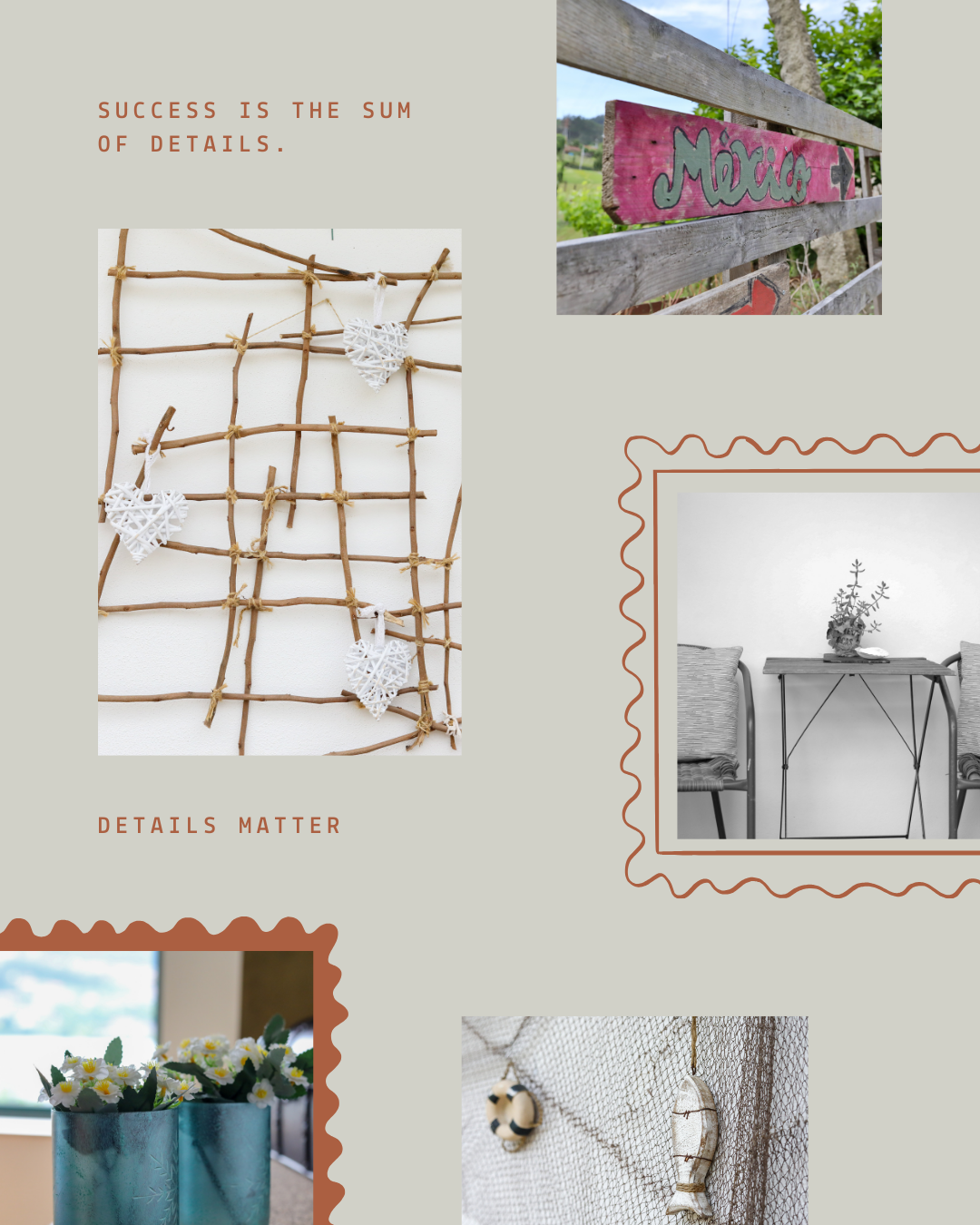 Imagem com textos e várias fotos decorativas, incluindo uma cerca de madeira com a palavra 'Maria' pintada, uma parede decorada com uma rede e corações brancos, um vaso com flores artificiais, e detalhes decorativos de pescaria, árvores e um escritór