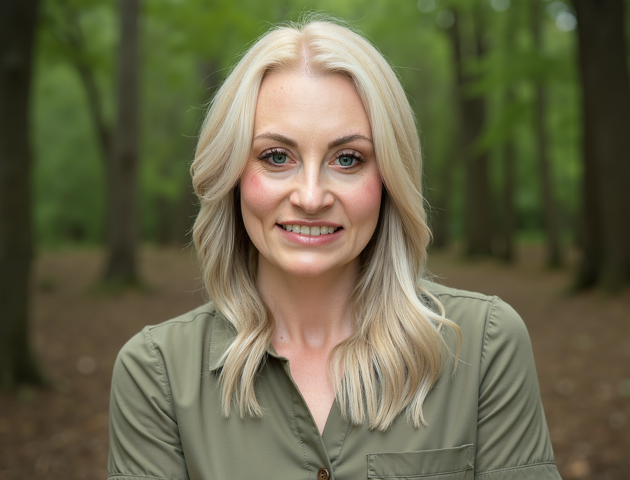 Lisa Cummings, MSW, CSW, a smiling woman with blonde hair wearing an olive green shirt outdoors in a wooded area.