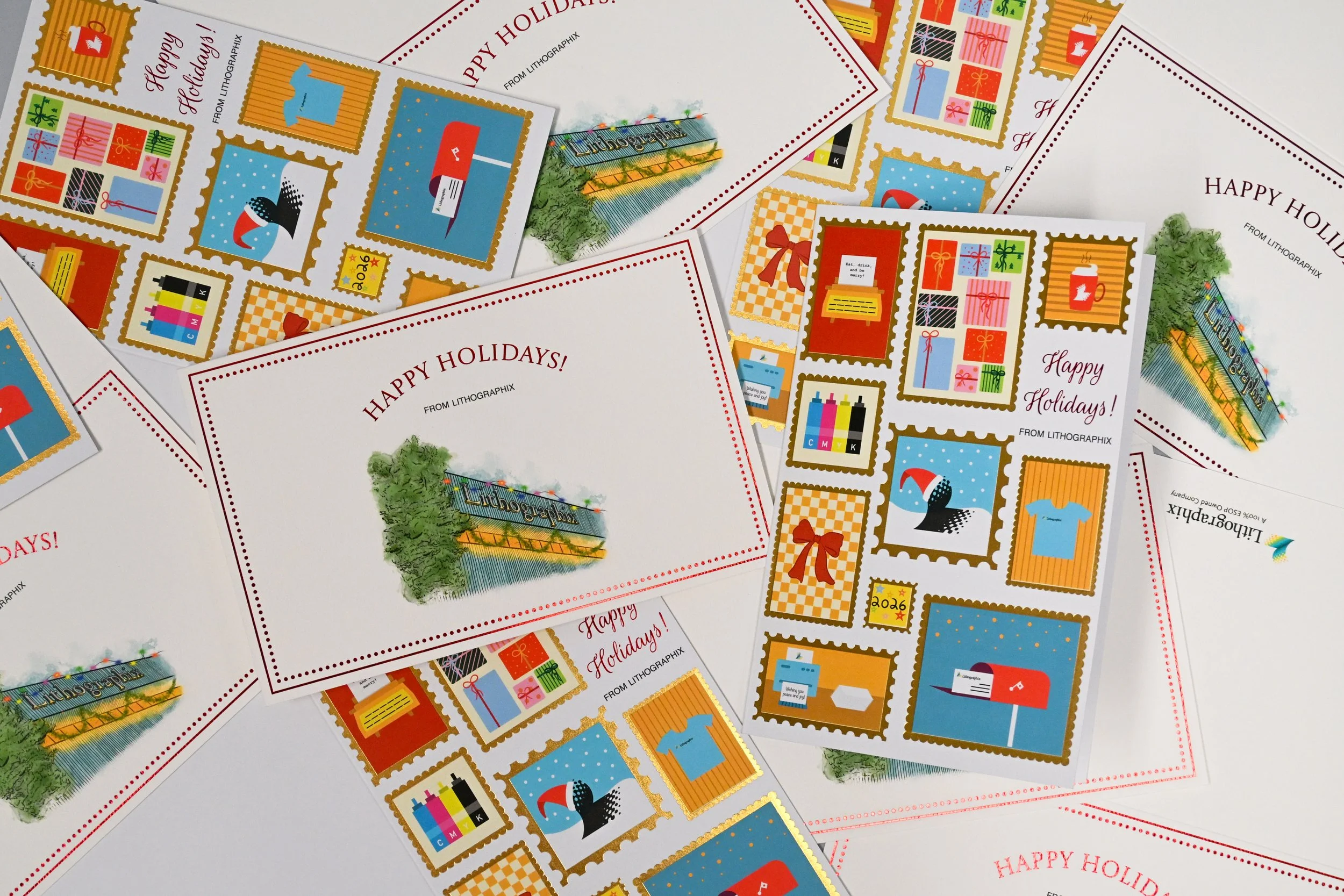 Holiday cards designed and printed for Lithographix, with foil accents and custom illustrations 